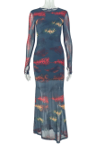 Black Casual Print Patchwork O Neck Long Dresses