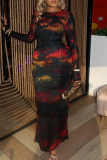 Black Casual Print Patchwork O Neck Long Dresses