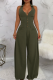 Army Green Casual Solid Color Buckle Turndown Collar Loose Jumpsuits