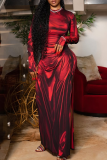 Red Sexy Print High Slit O Neck Long Dresses