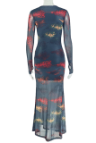 Black Casual Print Patchwork O Neck Long Dresses