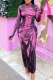 Purple Sexy Print High Slit O Neck Long Dresses