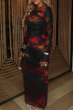Black Casual Print Patchwork O Neck Long Dresses