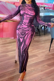 Red Sexy Print High Slit O Neck Long Dresses
