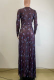 Dark Purple Elegant Print High Slit O Neck Long Dresses