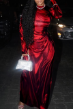 Red Sexy Print High Slit O Neck Long Dresses