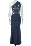 Black Sexy Solid Color Backless High Slit Flower Shape Oblique Collar Long Dresses