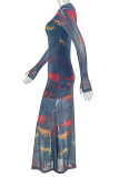 Black Casual Print Patchwork O Neck Long Dresses