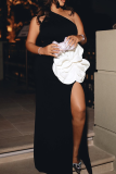 Black Sexy Solid Color Backless High Slit Flower Shape Oblique Collar Long Dresses