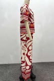Red Casual Print Buckle Turndown Collar Half Sleeve Two Pieces