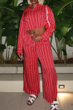 Red Casual Stripe Buckle Turndown Collar Long Sleeve Two Pieces