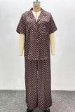 Brown Casual Print Buckle Turndown Collar Half Sleeve Two Pieces