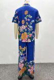 Blue Casual Print Buckle Turndown Collar Short Sleeve Two Pieces