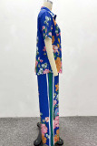 Blue Casual Print Buckle Turndown Collar Short Sleeve Two Pieces