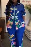 Blue Casual Print Buckle Turndown Collar Short Sleeve Two Pieces