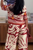 Red Casual Print Buckle Turndown Collar Half Sleeve Two Pieces
