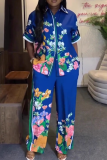 Blue Casual Print Buckle Turndown Collar Short Sleeve Two Pieces