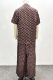 Brown Casual Print Buckle Turndown Collar Half Sleeve Two Pieces