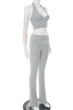 Grey Casual Solid Color Backless Cross Straps Halter Sleeveless Two Pieces