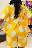 Yellow Casual Polka Dot Print Buckle Slit Turndown Collar Half Sleeve Two Pieces