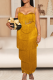 Gold Sexy Solid Color Fringed Trim Spaghetti Strap Long Dresses