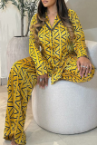 Yellow Casual Print Buckle Turndown Collar Long Sleeve Two Pieces