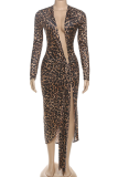 Leopard Print Sexy Leopard Print High Slit Deep V Neck Long Dresses