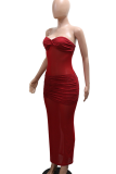 Red Sexy Solid Color See-Through Strapless Long Dresses