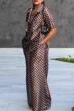 Brown Casual Print Buckle Turndown Collar Half Sleeve Two Pieces