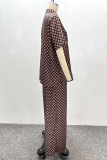Brown Casual Print Buckle Turndown Collar Half Sleeve Two Pieces