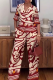 Red Casual Print Buckle Turndown Collar Half Sleeve Two Pieces