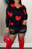 Black Casual Heart Shaped Contrast V Neck Tops