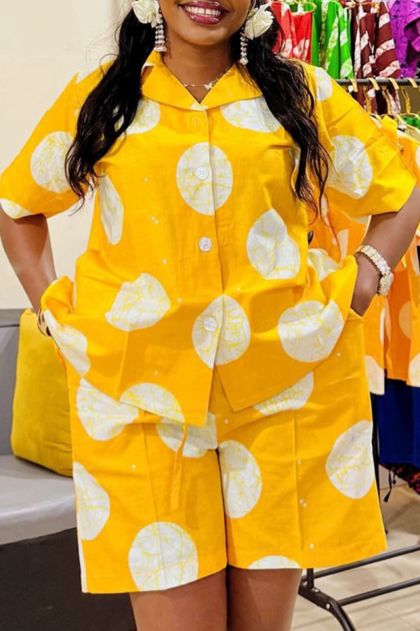 Yellow Casual Polka Dot Print Buckle Slit Turndown Collar Half Sleeve Two Pieces