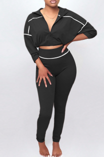Black Casual Solid Color Zipper Zipper Collar Long Sleeve Two Pieces