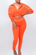 Tangerine Red Casual Solid Color Zipper Zipper Collar Long Sleeve Two Pieces