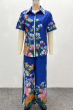 Blue Casual Print Buckle Turndown Collar Short Sleeve Two Pieces