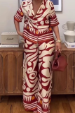 Red Casual Print Buckle Turndown Collar Half Sleeve Two Pieces