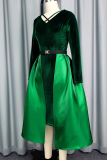 Ink Green Elegant Solid Color With Belt V Neck Long Sleeve Two Pieces