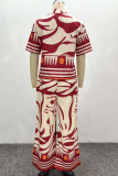 Red Casual Print Buckle Turndown Collar Half Sleeve Two Pieces