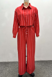 Red Casual Stripe Buckle Turndown Collar Long Sleeve Two Pieces