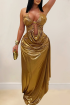 Gold Sexy Solid Color Backless Halter Long Dresses