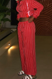 Red Casual Stripe Buckle Turndown Collar Long Sleeve Two Pieces