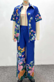 Blue Casual Print Buckle Turndown Collar Short Sleeve Two Pieces