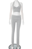 Grey Casual Solid Color Backless Cross Straps Halter Sleeveless Two Pieces