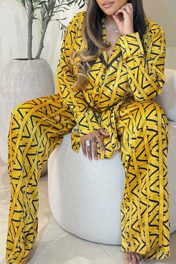 Yellow Casual Print Buckle Turndown Collar Long Sleeve Two Pieces