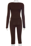 Brown Casual Solid Color Patchwork Asymmetrical Collar Long Sleeve Two Pieces