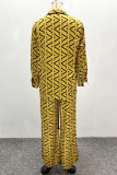 Yellow Casual Print Buckle Turndown Collar Long Sleeve Two Pieces