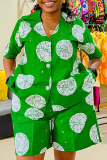 Green Casual Polka Dot Print Buckle Slit Turndown Collar Half Sleeve Two Pieces