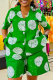 Green Casual Polka Dot Print Buckle Slit Turndown Collar Half Sleeve Two Pieces