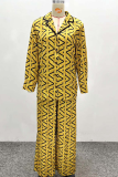 Yellow Casual Print Buckle Turndown Collar Long Sleeve Two Pieces